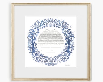 Indigo Celestial Wreath Ketubah | Jewish/Interfaith/Quaker Wedding Certificate | Cyanotype, Giclée Print | Wedding Gift