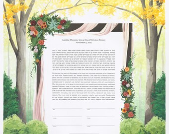 Herbst Blumen Chuppah Ketubah | Jüdische / interreligiöse / Quäker-Hochzeitsurkunde | Handgemaltes Aquarell | Personalisiertes Hochzeitsgeschenk