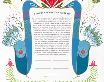 Benutzerdefinierte ukrainische Pfau Hamsah Ketubah | Jüdische / interreligiöse / Quäker-Hochzeitsurkunde | Handbemalt | Personalisiertes Hochzeitsgeschenk