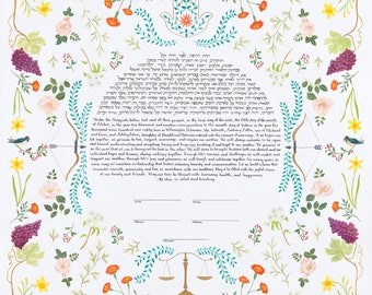 Botanical Chinoiserie Ketubah | Jewish/Interfaith/Quaker Wedding Certificate | Hand-Painted Watercolor, Custom Calligraphy