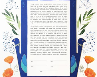 Blue Hamsah and Flowers Ketubah | Jewish/Interfaith/Quaker Wedding Certificate | Hand-Painted Watercolor, Custom | Personalized Wedding Gift