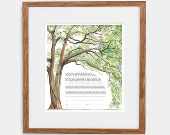 May include: A watercolor illustration of a large tree with green leaves and branches. The tree is depicted in a natural setting, with a white background. The image is framed in a light brown wood frame.