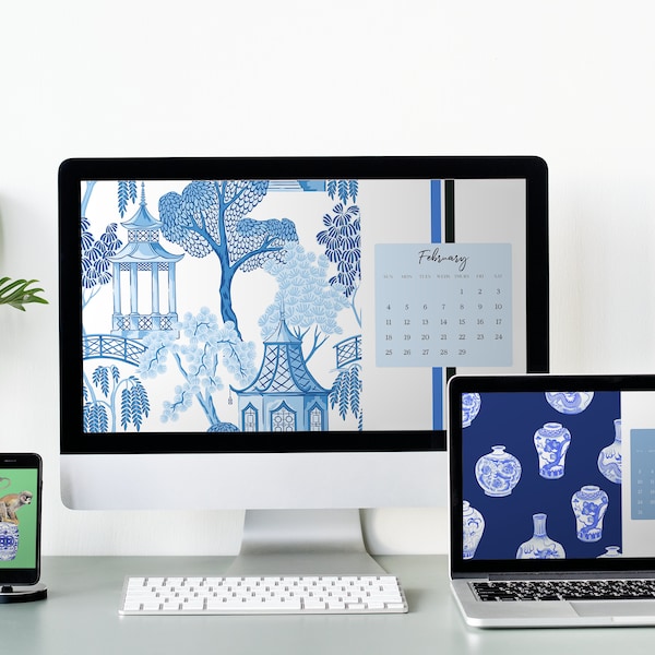 2024 Preppy | Grandmillennial | Chinoiserie | Blue & White | Desktop Calendar Wallpaper