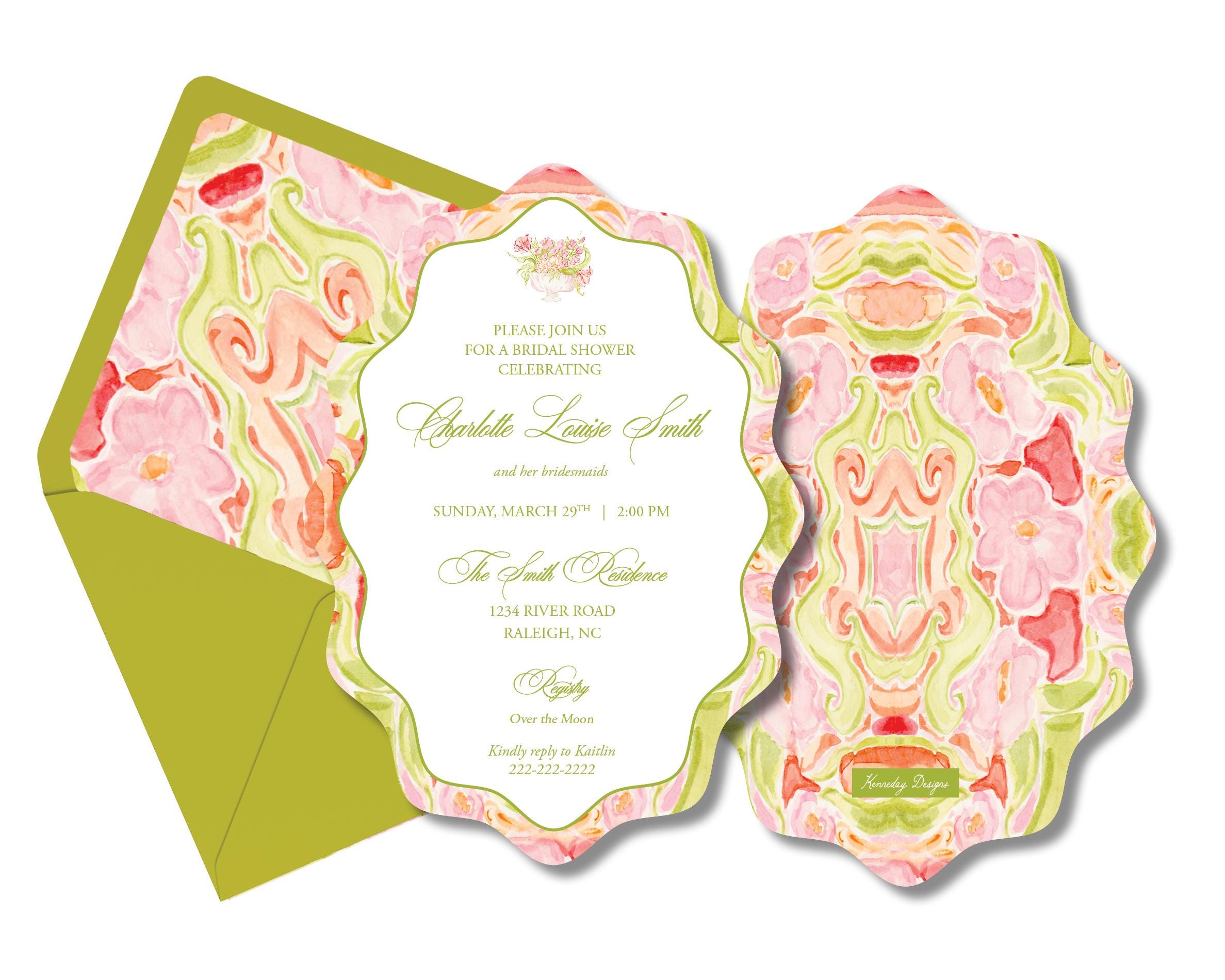 Wavy Oval Watercolor Floral Invitation | Pink Chartreuse Bridal Shower ...