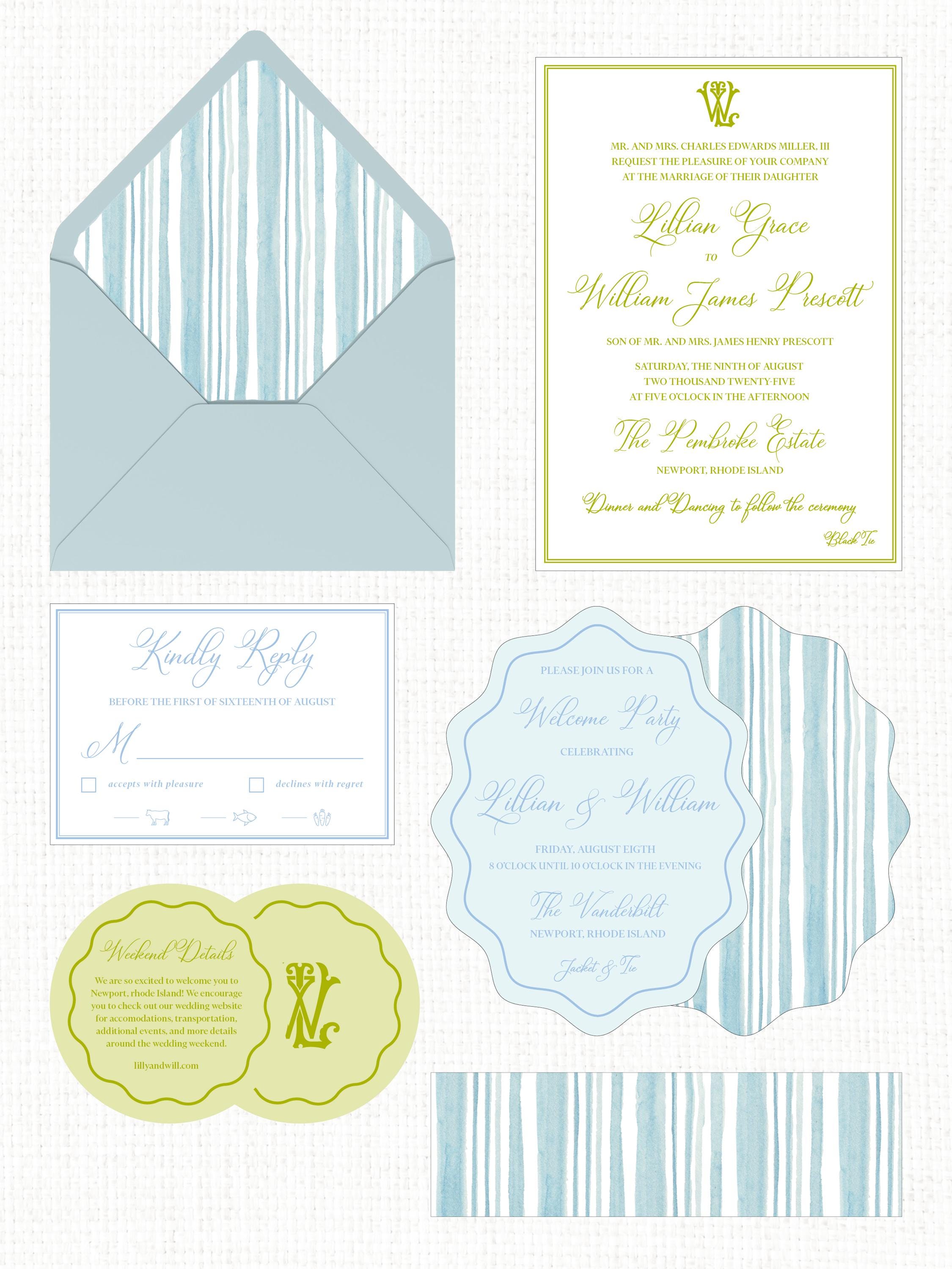 Blue and Green Coastal Wedding Invitation Suite | Printed Watercolor Wedding Invitations with Envelope Liner, Formal Wedding Invitation