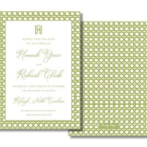 May include: Wedding invitation featuring a green and white design. The invitation includes the text "Kindly Save the Date" and the names "Hannah Grace" and "Richard Clark." The date is October 4, 2025, in Raleigh, North Carolina.