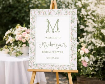 Chinoiserie Bridal Shower Welcome Sign, Pink Green Floral Garden Party Decor (24x36 Foam Board)