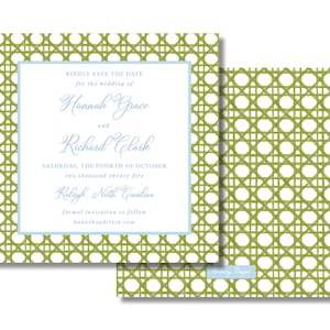 May include: Wedding save-the-date cards with a light blue and green design. The front card has text that reads "Kindly save the date for the wedding of Hannah Grace and Richard Clark". The back of the card has a green pattern.