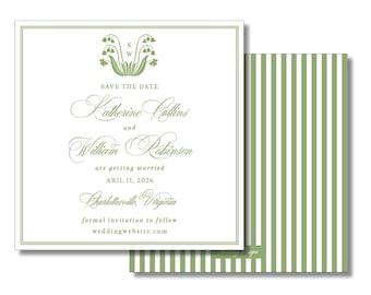 Customizable Lily of the Valley Wedding Invitation – Green Stripe Save the Date, Bridal Shower & Engagement Party Template