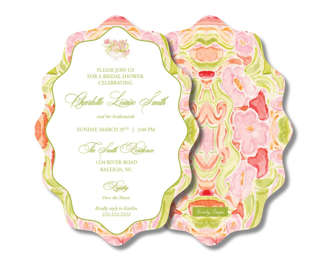 Wavy Oval Watercolor Floral Invitation | Pink Chartreuse Bridal Shower ...