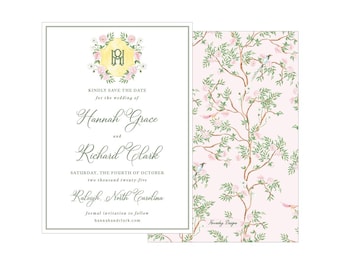 Chinoiserie Wedding Invitation: Watercolor Crest, Grandmillennial Style