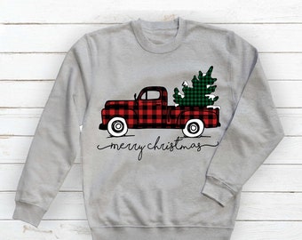 Red Plaid Truck  Screen Print Transfer Adult Size - Make Your Own Shirt -  Red Plaid Truck Merry Christmas