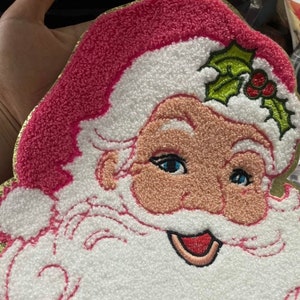 Santa Face Pink Iron On Patch - Christmas Iron On Chenille Patch