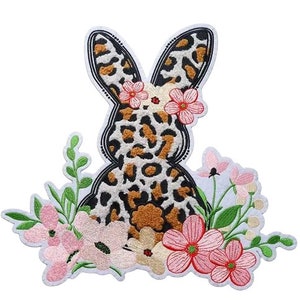 Easter Bunny with Flowers Chenille Iron On Patch - Easter Iron On Chenille Patch