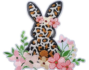 Easter Bunny with Flowers Chenille Iron On Patch - Easter Iron On Chenille Patch