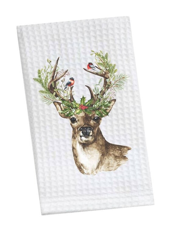 Noël Cuisine Torchon Cerf De Noël Avec Des Oiseaux Décoration De Cuisine Vacances Deer Antler Design Blanc Cuisine Torchon
