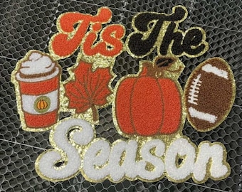 Tis the Season Pumpkin, Leaves, Coffee, Football Chenille Iron On Patch - Fall Chenille Patch - Autumn Football Iron On Patch