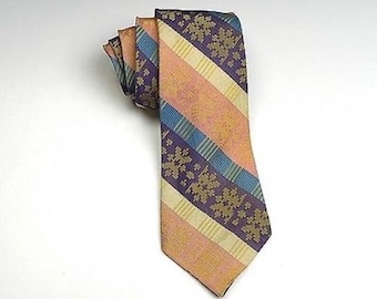 1970s Mens Tie Pink Purple Blue Stripe Neck Tie Jacquard Necktie Menswear 70s Vintage