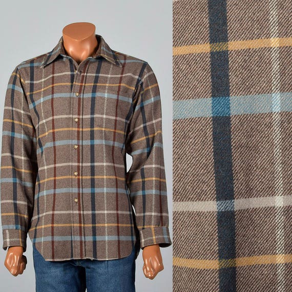 Large 1960s Mens Pendleton Brown Plaid Shirt Long… - image 1