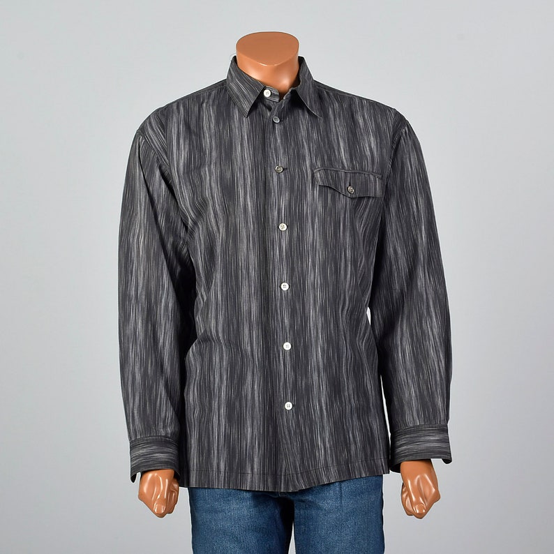 XXL Issey Miyake Striped Button Down Shirt Pocket Long Sleeve Square Bottom Grey Cotton Button Up