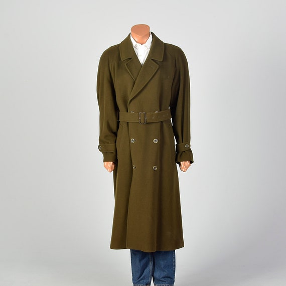 XL 1980s Mens Coat Long Wool Trench Coat Belted Do
