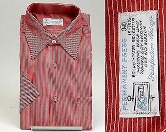 Deadstock NOS Mens Vintage 70s Red White Stripe Wing Collar Permanent Press Short Sleeve Shirt M 15 15.5