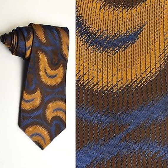1970s Mens Necktie Neck Tie Wide Brown Blue Gold … - image 1