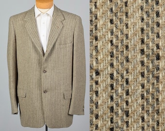 XL 44L 1950s Mens Tan Tweed Striped Sportcoat Single Vent Medium Lapels Convertible Pockets 50s Vintage Jacket