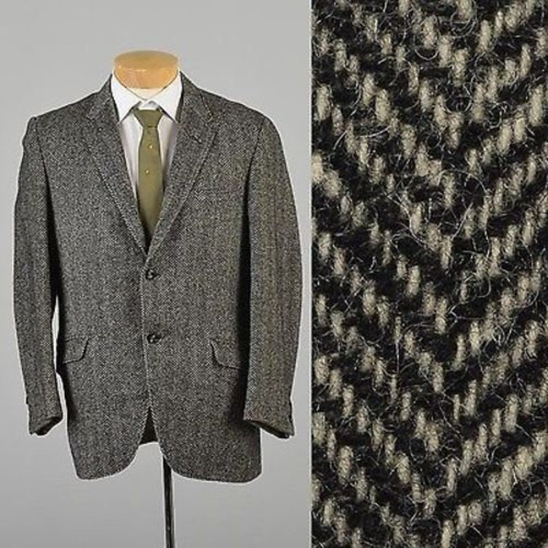 1950 Men's Irish Tweed Overcoat in Black & White Herringbone