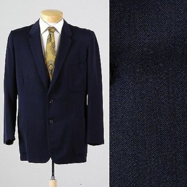 Incredible Vintage 50s Navy Herringbone Mens Jacket Sportcoat Blazer Hart Schaffner Marx Rare Style 42 42R