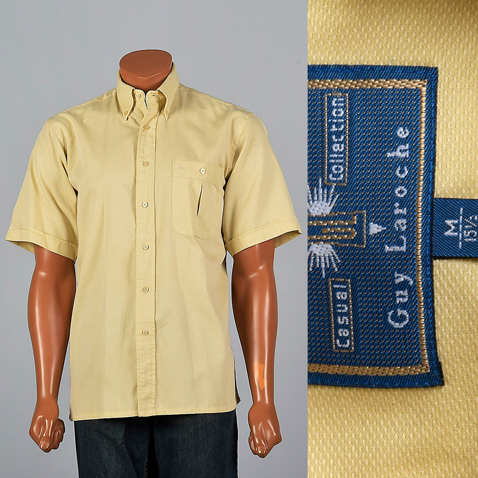 Large 1980s Mens Gold Button Down Shirt Short Sleeve Cuffs Etsy