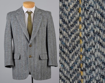 Mens Vintage 70s Harris Tweed Wool Herringbone Gray Blue Yellow Stripe Jacket Blazer 41 40