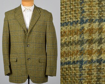 40L 1960s Mens Green and Gold Plaid Jacket Wool Long Sleeves Three Button Jacket Convertible Flap Pockets Single Vent 60s Vintage