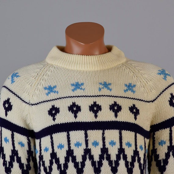 Mens Vintage 60s Cream Knit Sweater Blue Geometri… - image 2