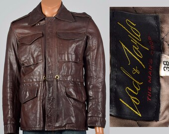 Medium 38 1960s Mens Brown Leather Jacket Wide Collar Pockets Front Zip Supple Leather 60s Vintage Coat