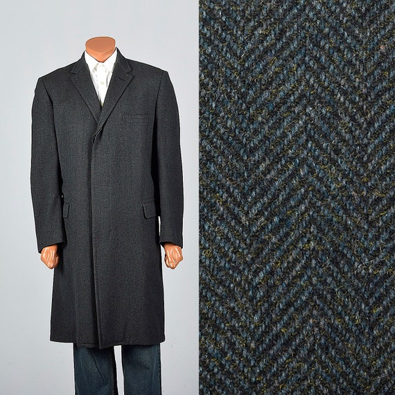 Medium 1960s Mens Herringbone Tweed Long Coat Dar… - image 1