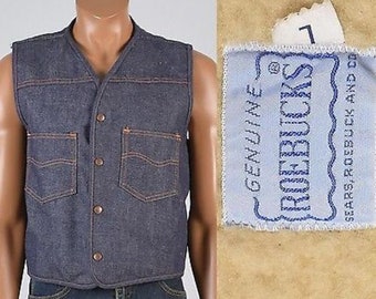 Large 1970s Mens Denim Vest Hippie Boho Vest Denim Jean Snap Front Faux Shearling Lined Hippie Chore Workwear 70s Vintage