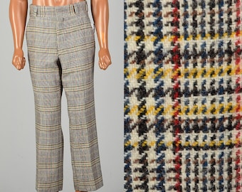 Small 1960s Mens Plaid Wool Pants Flat Front Straight Leg Short