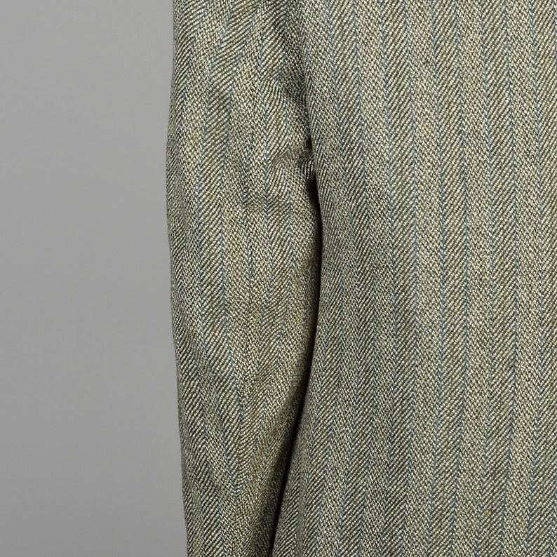 Vintage 70s Mens Mod Tweed Winter Coat Double Breasted Green Stripe Blue Pinstripe 40