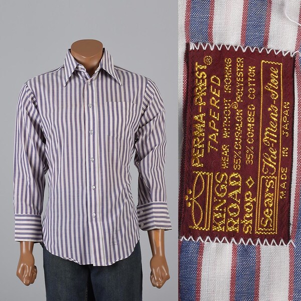 XL 1970s Mens Shirt Sears Kings Road Striped Shirt Button Down Long Sleeves Blue Red Stripe Wing Collar 70s Vintage