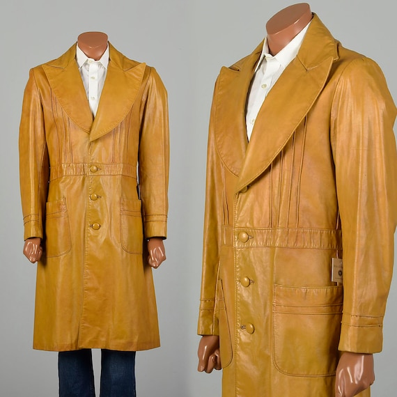 Medium 1970s Trench Coat Mustard Leather Huge Lape