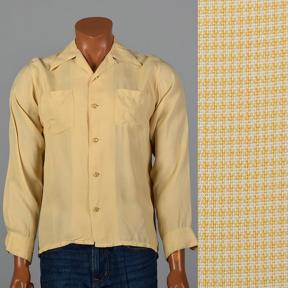 Large 1950s Mens Yellow Micro Check Shirt Pointed… - image 1