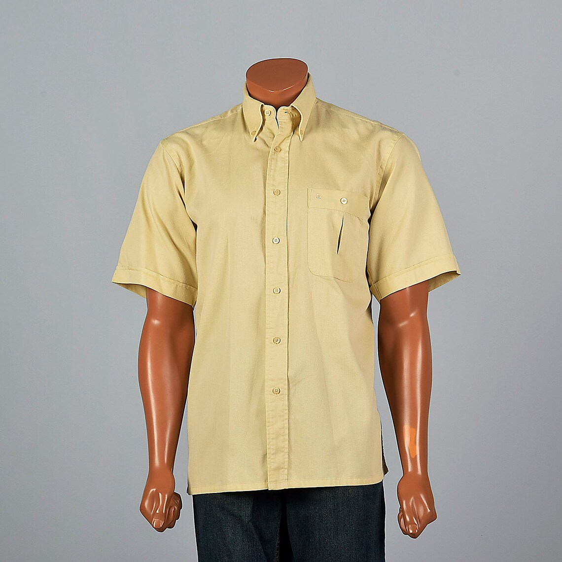 Large 1980s Mens Gold Button Down Shirt Short Sleeve Cuffs Etsy
