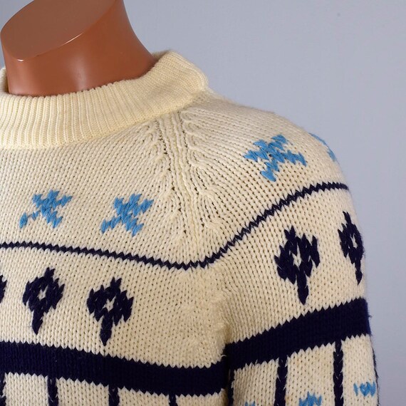 Mens Vintage 60s Cream Knit Sweater Blue Geometri… - image 3