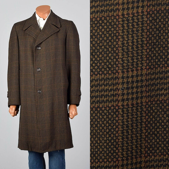 Large 1970s Mens Brown Plaid Coat Wool Winter Coa… - image 1