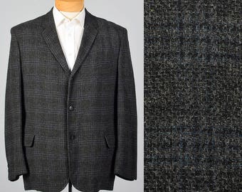 44R 1950s Plaid Tweed Jacket Three Button Jacket Convertible Flap Pockets Slim Lapels Single Vent 50s Vintage Menswear