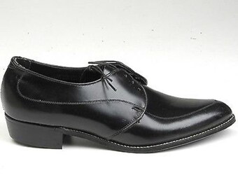 NOS Deadstock Mens Vintage Black Leather Slim Toe Pointed Derby Lace Up Shoes 8