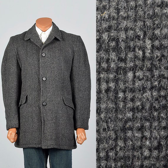 42L 1950s Mens Black Gray Wool Car Coat Winter Overcoat Winter