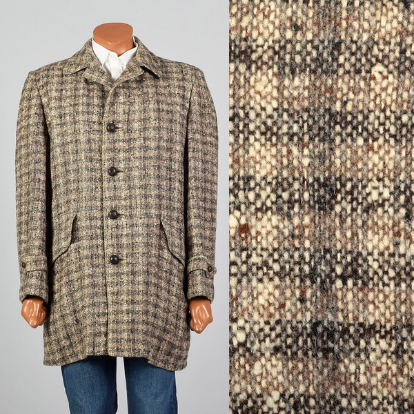 Large 1950s Mens Tweed Wool Plaid Coat McGregor Brown Check Square Cut Nubby Faux Fur Lining Convertible Pockets Winter 50s Vintage Car Coat