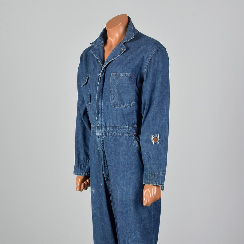XL 1960s Mens Zip Front Coveralls Distressed Denim Workwear Patch Pockets Snap Cuff Belted 60s Vintage Blue Jean Overall